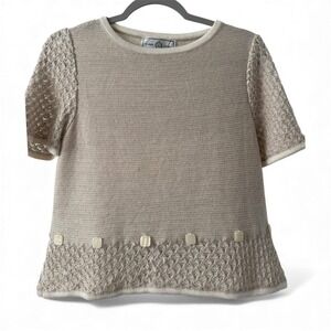 St. John Sport Marie Gray Knit Top P Petite Beige Wool Linen Crochet Lace Button